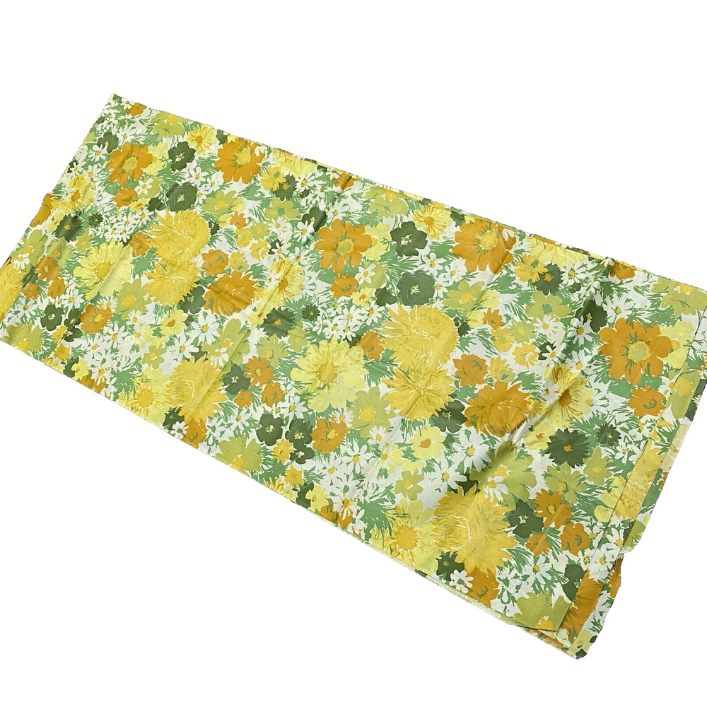 Vintage Fabric Remnant Yellow Orange White Green 1970's Floral Polished Cotton